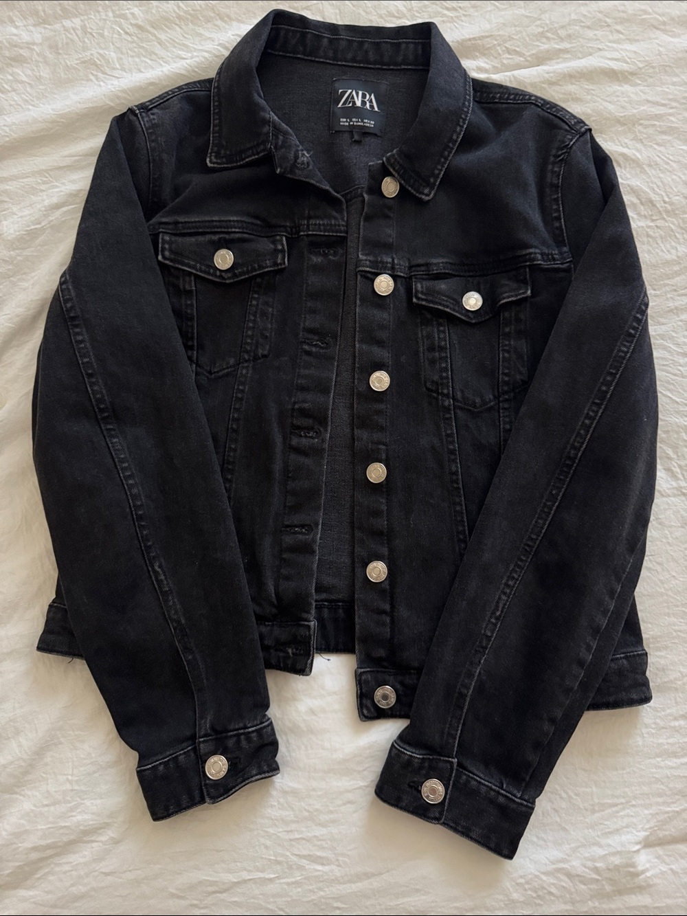 Zara Black Denim Trucker Jacket with Silver Buttons